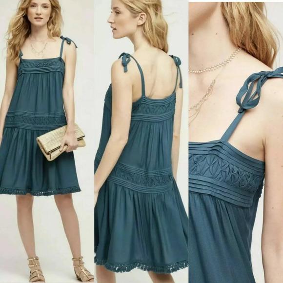 Anthropologie Floreat Senna Dress Turquoise Tie Sleeve Boho Sundress Size Small - Picture 1 of 11